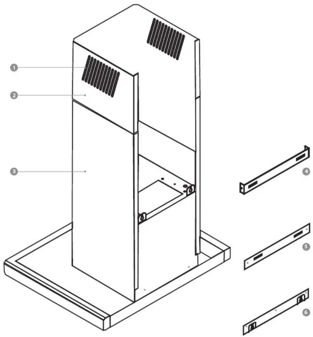 Technical diagram of a server rack with numbered components and exploded view