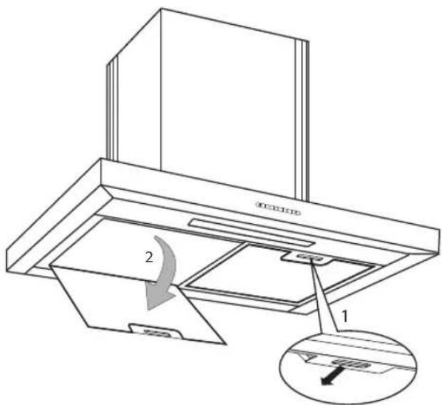 Technical diagram of a kitchen air conditioner unit with labeled parts and directional arrows indicating assembly or movement.