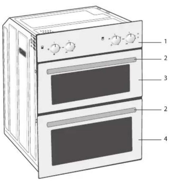 Diagram of a two-tier oven with labeled parts including front, top, and side panels