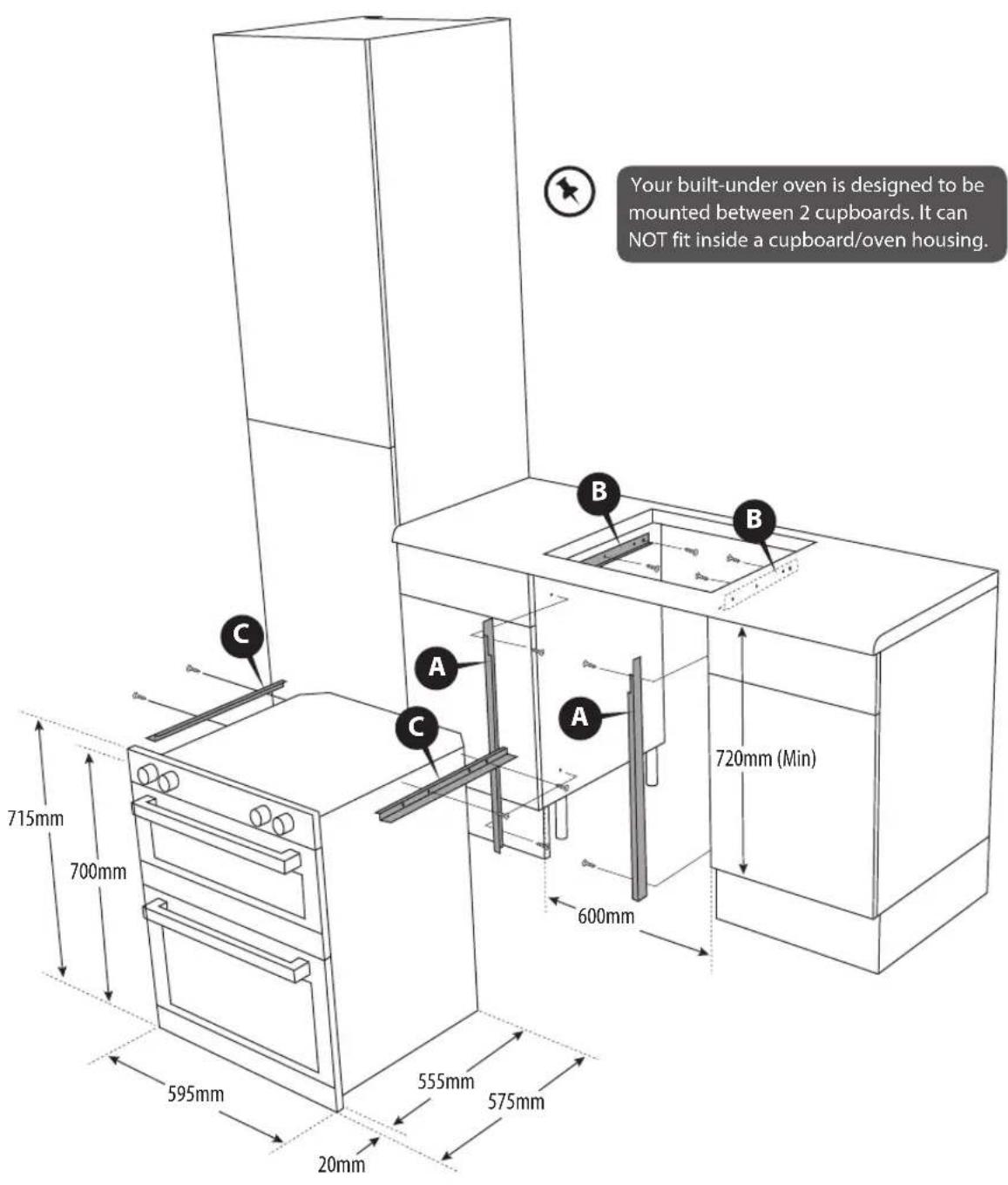 Your built-under oven is designed to be mounted between 2 cupboards. It can NOT fit inside a cupboard/oven housing. 715mm 700mm 595mm 555mm 575mm 20mm 600mm 720mm (Min)