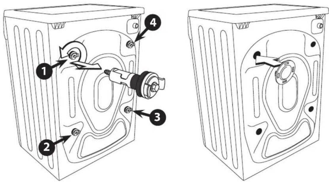 Technical diagram showing two views of a washing machine with numbered parts for assembly or maintenance.