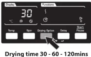 Display 30 Functions Temp Spin Drying Option Delay Start Pause Drying time 30 - 60 - 120mins