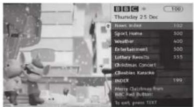 BBC Thursday 25 Dec 100 Next, Index 102 Sport Home 500 Weather 400 Entertainment 500 Lottery Results 555 Christmas Concert Cleasles Karaoke INDEX 199 Merry Christmas Runs BBC Fall (button) To exit press TEXT