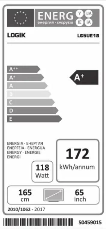ENERG ENERGIA - ENEPUEIA Y IJA IE IA LOGIK LE5UE18 A++ A+ A B C D E A+ ENERGIA - ENEPTIJA ENEPEIA - ENERGIUA ENERGY - ENERGIE ENERGI 172 kWh/annum 118 Watt 165 cm 65 inch 2010/1062 - 2017 50459015