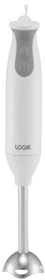 White LOGIK blender with metallic stand and control knob (no visible text or symbols)