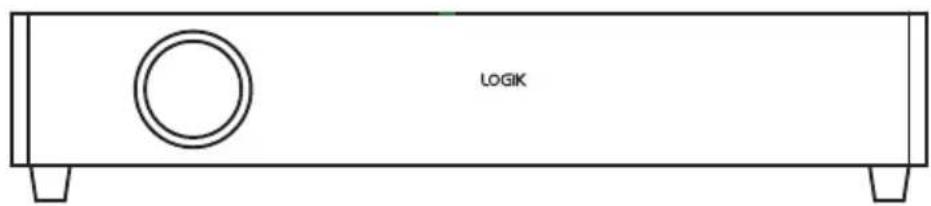 Line drawing of a LOGIK device with a circular button and two side legs (no text or symbols on the device itself)