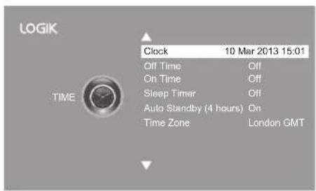 LOGIK TIME Clock 10 Mar 2013 15:01 Off Time Off On Time Off Sleep Timer Off Auto Standby (4 hours) On Time Zone London GMT