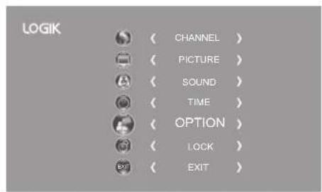 LOGIK CHANNEL > PICTURE > SOUND > TIME > OPTION > LOCK > EXIT >