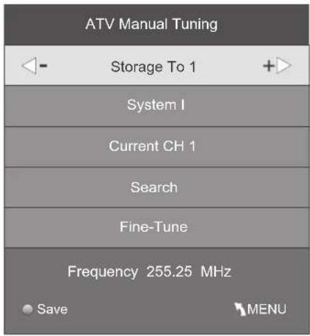 ATV Manual Tuning Storage To 1 System I Current CH 1 Search Fine-Tune Frequency 255.25 MHz Save MENU