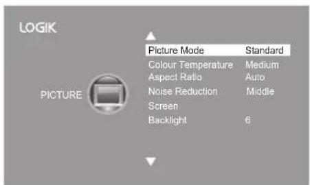 LOGIK Picture Mode Standard Colour Temperature Medium Aspect Ratio Auto Noise Reduction Middle Screen Backlight 6