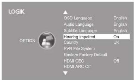 LOGIK OPTION QSD Language English Audio Language English Subtitle Language English Hearing Impaired On Country UK PVR File System Restore Factory Default HDMI CEC Off HDMI ARC Off