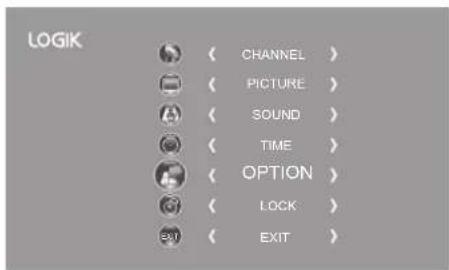 LOGIK CHANNEL > PICTURE > SOUND > TIME > OPTION > LOCK > EXIT >