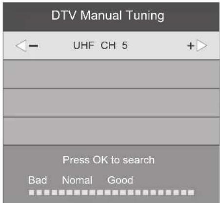 DTV Manual Tuning ← UHF CH 5 +> Press OK to search Bad Nomal Good