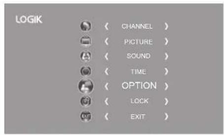 LOGIK ( CHANNEL ) ( PICTURE ) ( SOUND ) ( TIME ) ( OPTION ) ( LOCK ) ( EXIT )