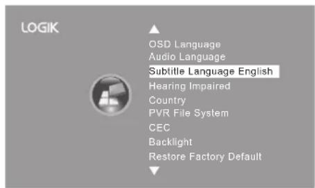 LOGIK OSD Language Audio Language Subtitle Language English Hearing Impaired Country PVR File System CEC Backlight Restore Factory Default