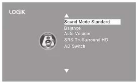 LOGIK Sound Mode Standard Balance Auto Volume SRS TruSurround HD AD Switch