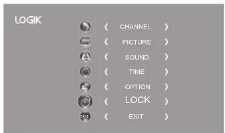 LOGIK ( CHANNEL ) ( PICTURE ) ( SOUND ) ( TIME ) ( OPTION ) ( LOCK ) ( EXIT )