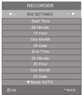 RECORDER 802 SZTVM03 Start Time 59 Minute 19 Hour Dec Month 29 Date End Time 29 Minute 20 Hour Dec Month 29 Date ★ Mode AUTO OK BACK