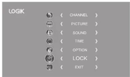 LOGIK CHANNEL > PICTURE > SOUND > TIME > OPTION > LOCK > EXIT >