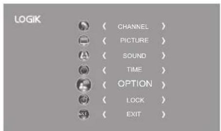LOGIK ( CHANNEL ) ( PICTURE ) ( SOUND ) ( TIME ) ( OPTION ) ( LOCK ) ( EXIT )