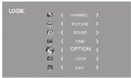 LOGIK CHANNEL > PICTURE > SOUND > TIME > OPTION > LOCK > EXIT >