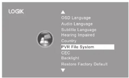 LOGIK OSD Language Audio Language Subtitle Language Hearing Impaired Country PVR File System CEC Backlight Restore Factory Default