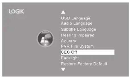 LOGIK OSD Language Audio Language Subtitle Language Hearing Impaired Country PVR File System CEC Off Backlight Restore Factory Default