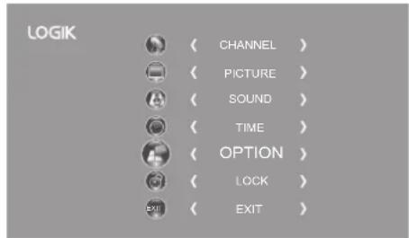 LOGIK CHANNEL > PICTURE > SOUND > TIME > OPTION > LOCK > EXIT >