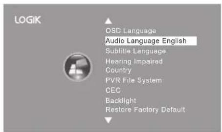 LOGIK OSD Language Audio Language English Subtitle Language Hearing Impaired Country PVR File System CEC Backlight Restore Factory Default