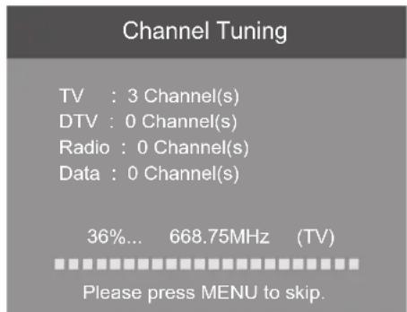 Channel Tuning TV : 3 Channel(s) DTV : 0 Channel(s) Radio : 0 Channel(s) Data : 0 Channel(s) 36%... 668.75MHz (TV) Please press MENU to skip.