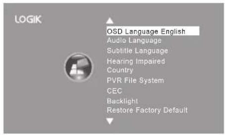 LOGIK OSD Language English Audio Language Subtitle Language Hearing Impaired Country PVR File System CEC Backlight Restore Factory Default