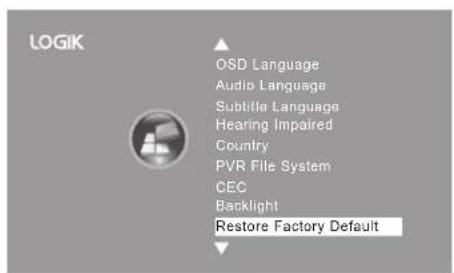 LOGIK OSD Language Audio Language Subtitle Language Hearing Impaired Country PVR File System CEC Backlight Restore Factory Default