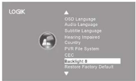LOGIK QSD Language Audio Language Subtitle Language Hearing Impaired Country PVR File System CEC Backlight 8 Restore Factory Default