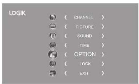 LOGIK ( CHANNEL ) ( PICTURE ) ( SOUND ) ( TIME ) ( OPTION ) ( LOCK ) ( EXIT )