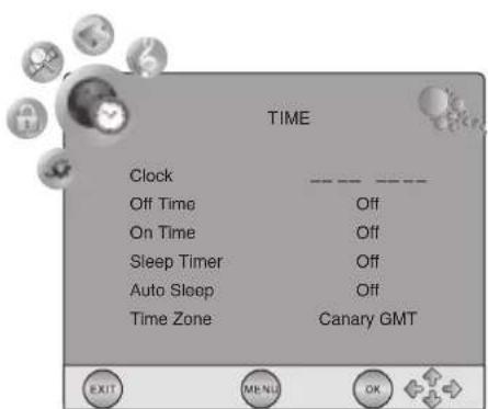 TIME Clock Off Time On Time Sleep Timer Auto Sleep Time Zone Canary GMT EXIT MENU OK