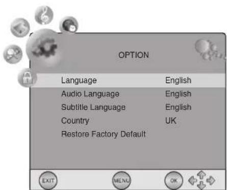 OPTION Language English Audio Language English Subtitle Language English Country UK Restore Factory Default EXIT MENU OK