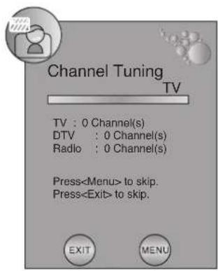 Channel Tuning TV TV : 0 Channel(s) DTV : 0 Channel(s) Radio : 0 Channel(s) Press to skip. Press to skip. EXIT MENU