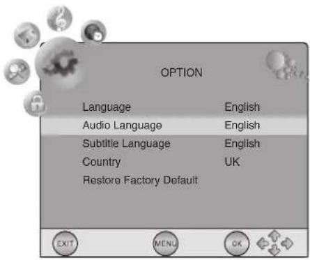 OPTION Language English Audio Language English Subtitle Language English Country UK Restore Factory Default EXIT MENU OK