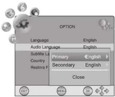OPTION Language English Audio Language English Subtitle La Primary English Country Secondary English Restore F Close EXIT MENU OK