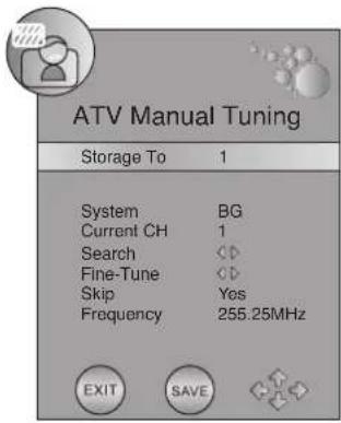 ATV Manual Tuning Storage To 1 System BG Current CH 1 Search ◇◇ Fine-Tune ◇◇ Skip Yes Frequency 255.25MHz EXIT SAVE