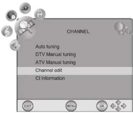 CHANNEL Auto tuning DTV Manual tuning ATV Manual tuning Channel edit CI information EXIT MENU OK