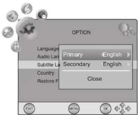 OPTION Language Audio Lan Subtitle La Country Restore F Primary English Secondary English Close EXIT MENU OK