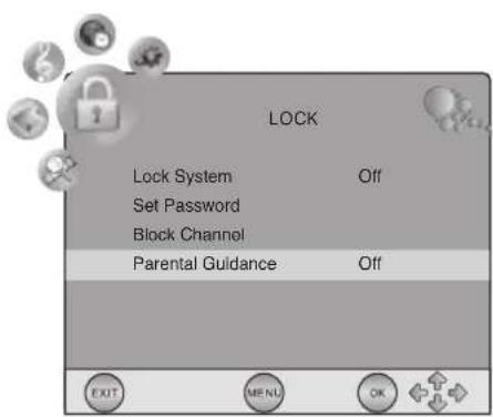 LOCK Lock System Off Set Password Block Channel Parental Guidance Off