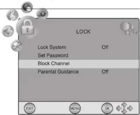 LOCK Lock System Off Set Password Block Channel Parental Guidance Off EXIT MENU OK