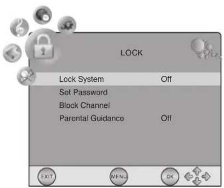 LOCK Lock System Off Set Password Block Channel Parental Guidance Off EXIT MENU OK