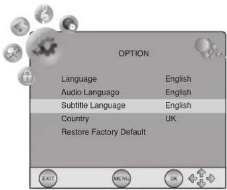 OPTION Language English Audio Language English Subtitle Language English Country UK Restore Factory Default EXIT MENU OK
