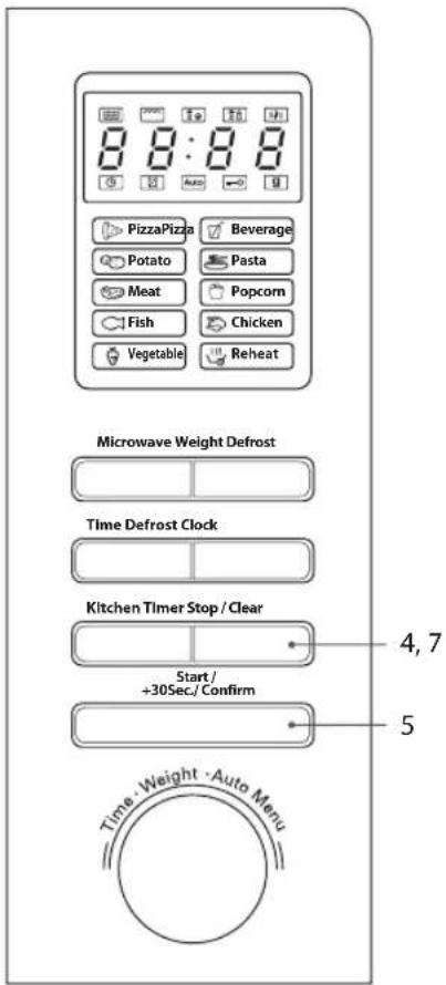 8:8:8 PizzaPizza Beverage Potato Pasta Meat Popcorn Fish Chicken Vegetable Reheat Microwave Weight Defrost Time Defrost Clock Kitchen Timer Stop / Clear Start / +30Sec./ Confirm 4,7 5 Time · Weight · Auto Menu