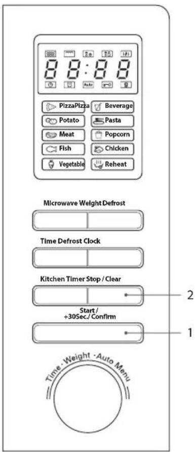 8:00 PizzaPizza Beverage Potato Pasta Meat Popcorn Fish Chicken Vegetable Reheat Microwave Weight Defrost Time Defrost Clock Kitchen Timer Stop / Clear Start / +30Sec./Confirm 1 2 Time · Weight · Auto Menu
