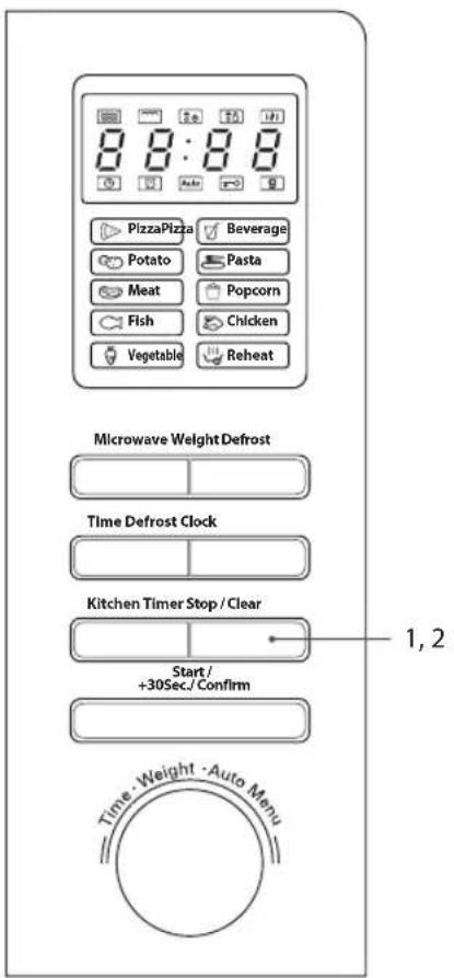 8:00 PizzaPizza Beverage Potato Pasta Meat Popcorn Fish Chicken Vegetable Reheat Microwave Weight Defrost Time Defrost Clock Kitchen Timer Stop / Clear Start / +30Sec./Confirm 1, 2 Time · Weight · Auto Menu