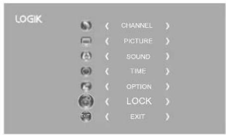 LOGIK ( CHANNEL ) ( PICTURE ) ( SOUND ) ( TIME ) ( OPTION ) ( LOCK ) ( EXIT )